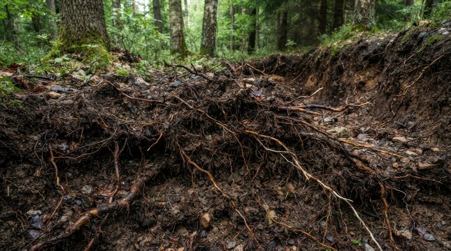 Exposed tree roots in the forest floor.