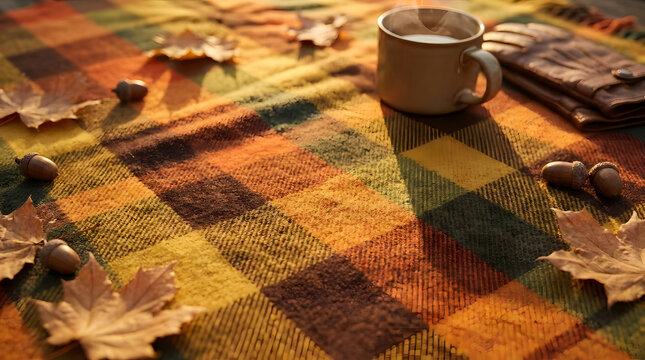 Cozy autumn picnic scene with a hot cup of coffee and leather gloves on a checkered blanket in golden light.