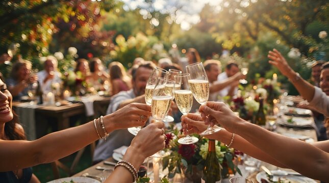 Friends celebrating with champagne and enjoying a vibrant outdoor summer gathering