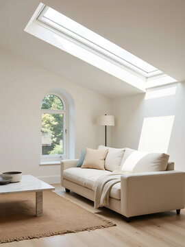 Bright Scandinavian minimalist living room interior with skylights, white sofa, and blank picture frame mockup