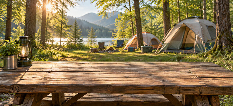 Forest Campsite with Tents by Mountain Lake and Rustic Wooden Picnic Table
