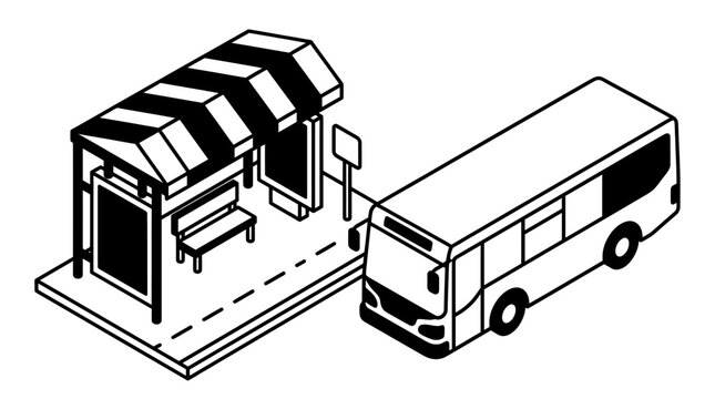 Elegant Isometric Black and White of Bus Entering a Modern Sheltered Bus Stop with high quality professional line art symbols for modern creative design and digital branding projects