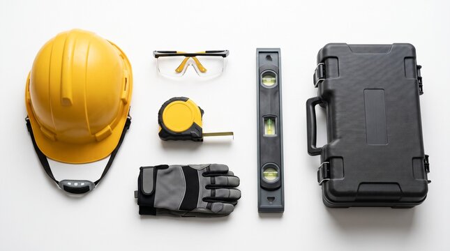 Construction worker safety gear and tools including yellow hard hat safety glasses tape measure level and tool case on white background