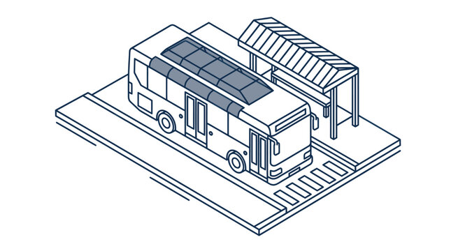 Elegant Isometric of a Modern Bus Sheltered Under a Roofed Structure with Detailed Design with high quality professional line art symbols for modern creative design and digital branding projects