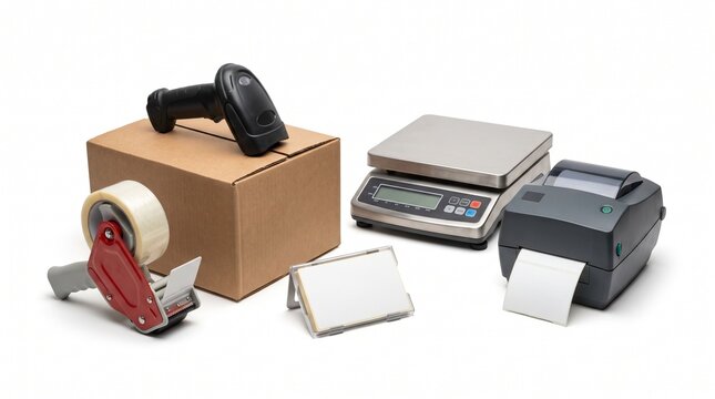 Shipping and logistics equipment including a cardboard box, tape dispenser, barcode scanner, digital scale, and label printer on a white background