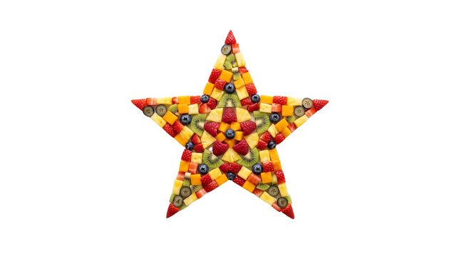 Star shaped fruit salad arrangement on white background, colorful fresh fruit mosaic in star pattern, creative food art with berries and kiwi