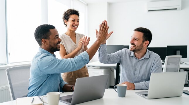 Diverse team celebrating success with high fives in modern office setting.