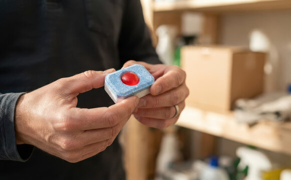 Man holding a dishwasher detergent tablet with red ball in hands, kitchen chore and house cleaning concept