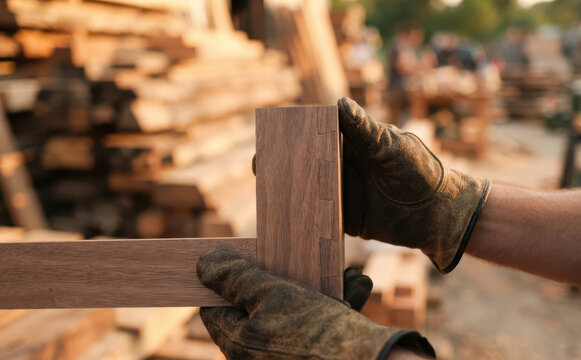Woodworker hands in gloves inspecting dovetail joint in workshop with lumber background