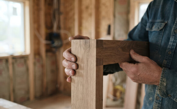 Middle-aged male carpenter holding wooden mortise and tenon joint framing concept in unfinished building interior
