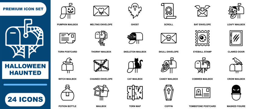 Halloween haunted mailbox set featuring ghostly envelopes, torn maps, coffins, and spooky postal in a linear