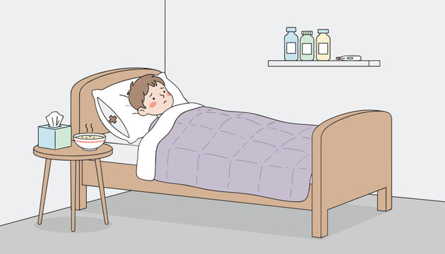 Sick young boy lying in bed with a fever while resting with a bowl of warm soup on a bedside table in a clean domestic bedroom setting.