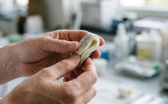 Orthopedic technician adjusting a metal finger splint with foam padding in a medical laboratory setting