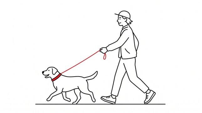 Person walking a dog on a leash in a minimalist line art style with a white background