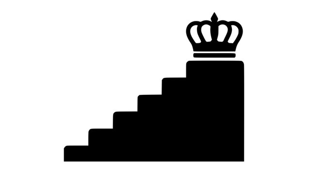Crown on Staircase Icon, Black Vector Illustration of Success Ladder to Leadership and Royalty