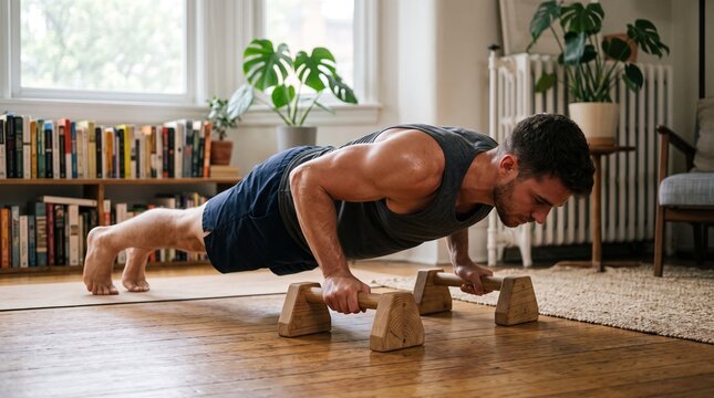 Fit man doing push ups with wooden handles at home in front of a bookshelf and window