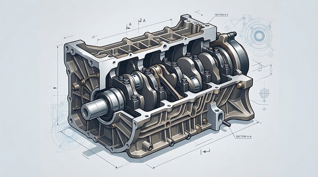 Modern car engine block with crankshaft assembly technical drawing isolated on white transparent background