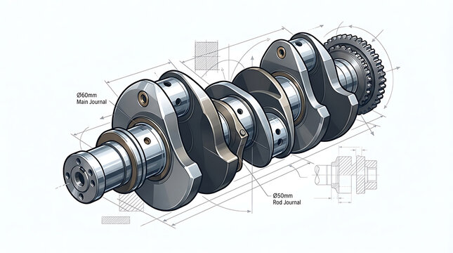 Mechanical engine crankshaft with technical drawing details isolated on white transparent background