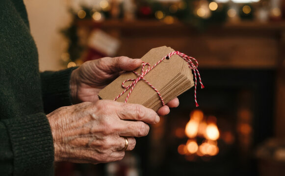 Elderly woman holding a stack of brown paper tags tied with red and white string near a warm fireplace