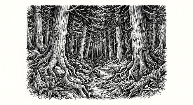 Detailed black and white ink drawing illustration of a dense ancient forest path with large tree trunks, exposed roots, and lush ferns.
