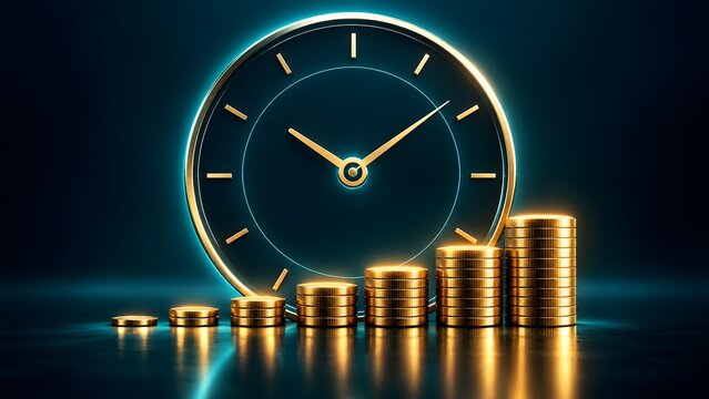 Large glowing clock face behind increasing stacks of gold coins representing long term financial investment and time value of money