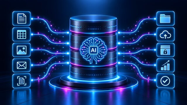 Artificial intelligence central database server managing multimedia files and cloud storage network