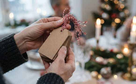 Person holding blank craft paper tags with red and white string for Christmas gifts in a festive home setting