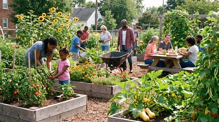 Obraz premium Diverse group of people working and relaxing in a vibrant community garden on a sunny day.