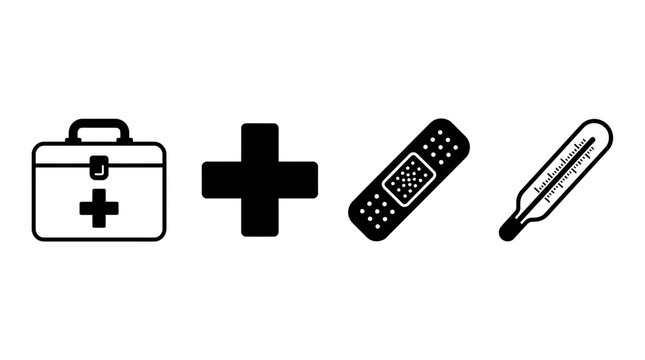 Vector illustration showing a set of medical first aid equipment icons including a kit, cross symbol, bandage, and thermometer