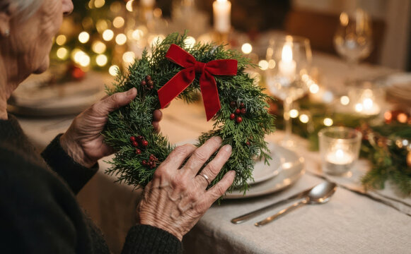 Senior woman holding a small Christmas wreath at a festive dinner table for the holiday season