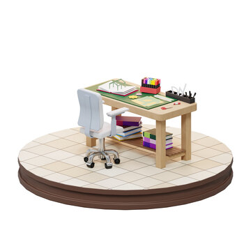 3D render of an architect or crafter workspace with a desk, chair, and stationery