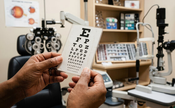 Optometrist holding a small eye chart in an optometry clinic for an eye exam and vision test