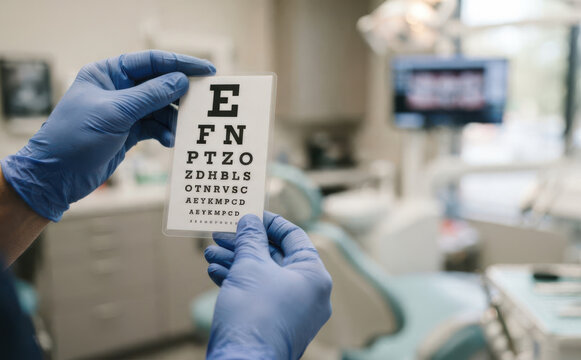 Optometrist holding hand eye chart for vision test in clinic examination room close up