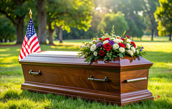 Casket with flowers and american flag at outdoor funeral