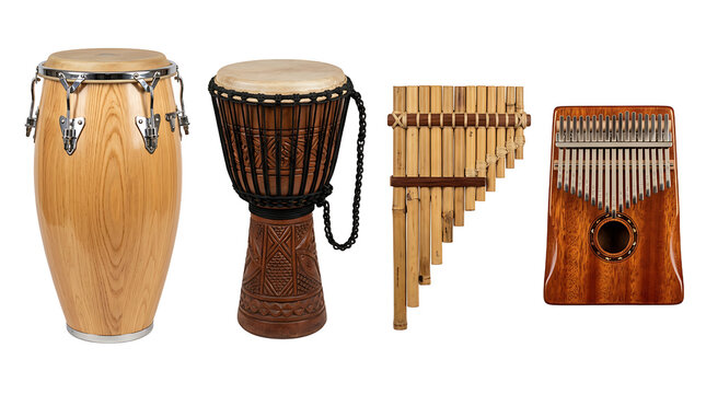 Collection of ethnic percussion and wind instruments isolated on transparent background