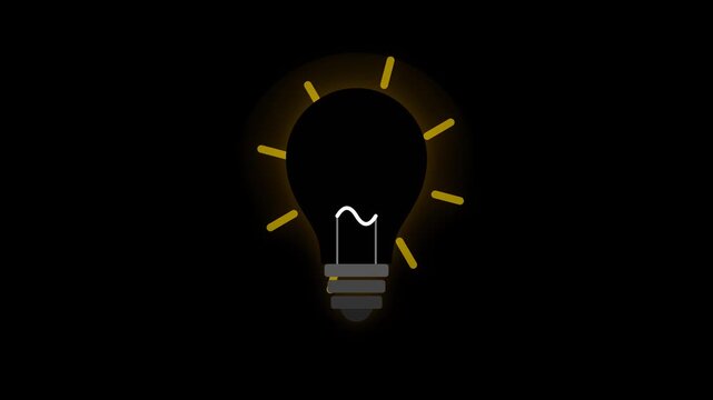Luminous Yellow Lightbulb Icon with Pulsing Amber Glow and Expanding Rays on Black Background