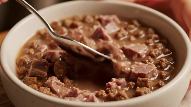 A close up view of wet pet food in a white bowl being stirred with a metal spoon.