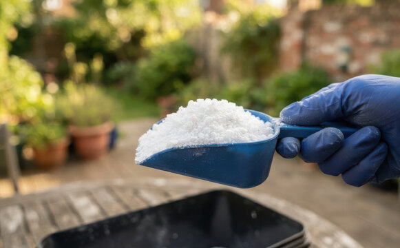 Gardener holding scoop of white fertilizer granules in outdoor garden setting representing soil amendment