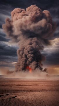 Composited color footage of a nuclear bomb test, showing the mushroom cloud rising over a ba 