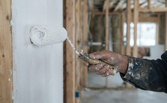 A male worker paints white walls with a paint roller in a building under renovation for interior design