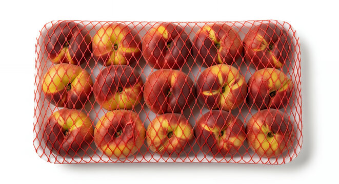 A top-down, centered view of a rectangular tray of flat peaches enclosed in a red mesh net, set against a solid white background