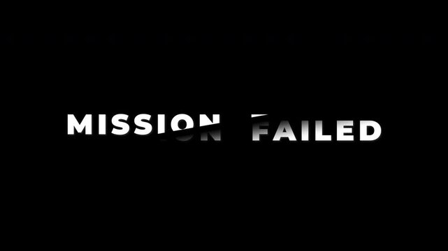 Text cutting animation mission failed with glitch effect, Glitch title video game screen animation in black background 4k video