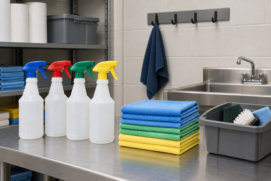 School custodial refill station with cleaning supplies