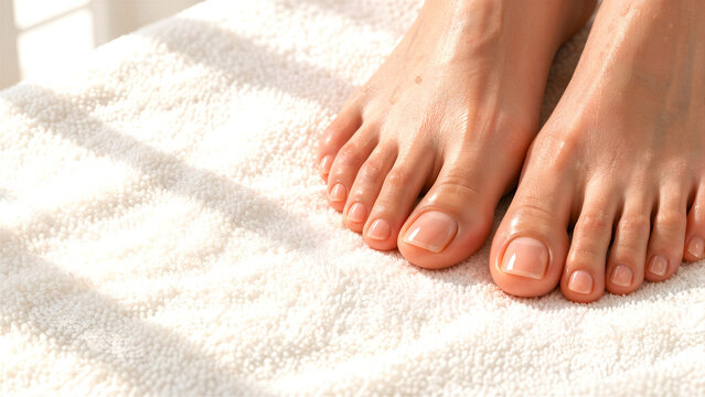 Clean feet resting on a soft white towel