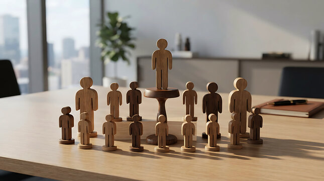 Wooden figures on a desk representing corporate hierarchy and team structure