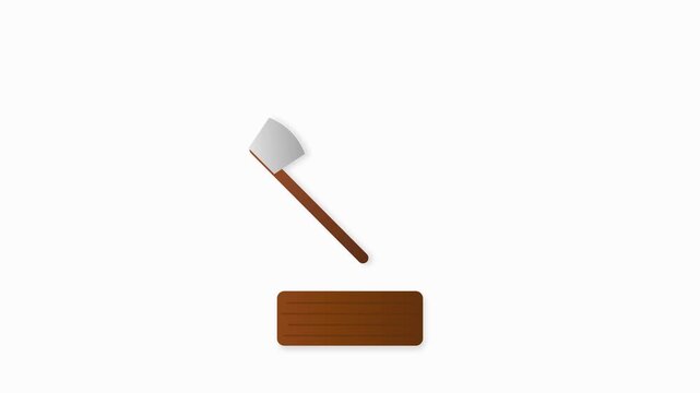 Silver Axe Impacting Brown Wood Log with Exploding Wood Chips in Flat Graphic Style
