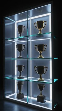 Illuminated glass display cabinet containing gold trophies in a dark room