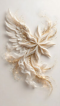 a soft ivory angel wing with detailed feather sculpting merging into a large eight-pointed silk star, all wrapped in flowing ribbons and that signature dense champagne glitter storm trailing down.