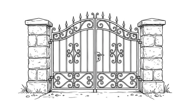 Hand drawn black and white line art illustration of a classic decorative wrought iron double gate set between two sturdy stone pillars, isolated on a white background.
