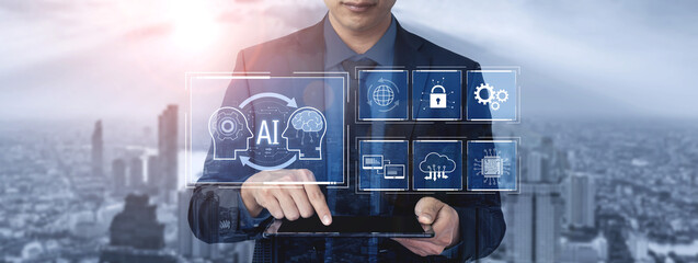Obraz premium AI system integration improves artificial intelligence platform. AI system integration enhances automation, secures data, supports cloud, and AI system integration connects systems. Vouch